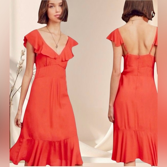 Topshop Dresses & Skirts - Red Tangerine Mix Midi Dress Flutter Ruffle Sleeves with Ruffle Hem